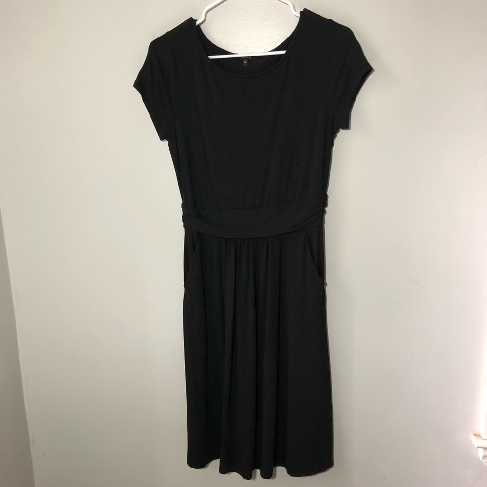 Quince tencel jersey ruched waist midi dress black women M pockets minimalist
